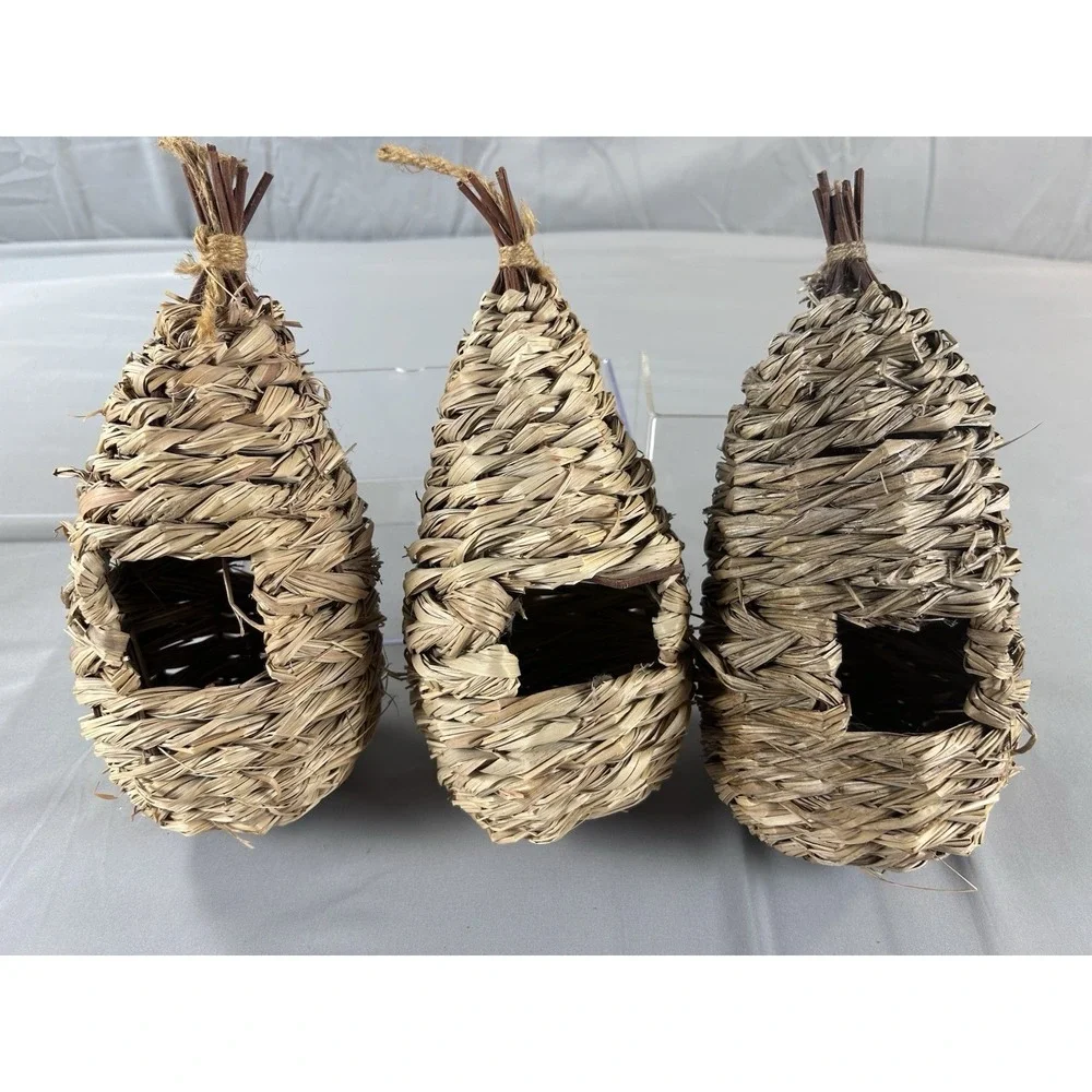 Set of 3 Woven Grass Birdhouses Hanging Natural Rustic Nest Decor Outdoor Garden